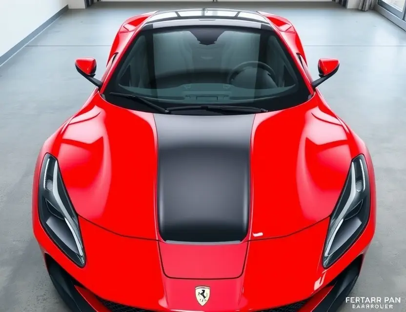 A high-quality image depicting a Ferrari 812 Superfast with a replaced windshield. The car is parked on a clean, modern garage floor. The replaced windshield is seamlessly integrated with the original, showing no visible signs of the old glass. Focus on the sleek design of the car and the quality of the replacement.