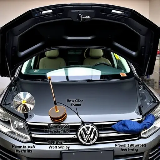 A detailed scene of a Volkswagen Touareg 3.0 V6 TDI with its front hood open, showing a professional mechanic carefully removing the old windshield and preparing to install a new one. The focus is on the car's body, the windshield frame, and the tools such as suction cups, a polishing pad, and a protective film. The setting is a clean, well‑lit garage with a neutral background, emphasizing the precision of the replacement process.