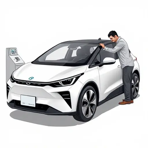 A detailed illustration of an XPeng G6 electric car (2023 model) undergoing windshield replacement. Show the car from a side angle with the front windshield removed, a professional mechanic in a clean workshop using specialized tools to install a new glass. Emphasize the sleek design of the vehicle and the precision of the replacement process, with a neutral, well-lit background.