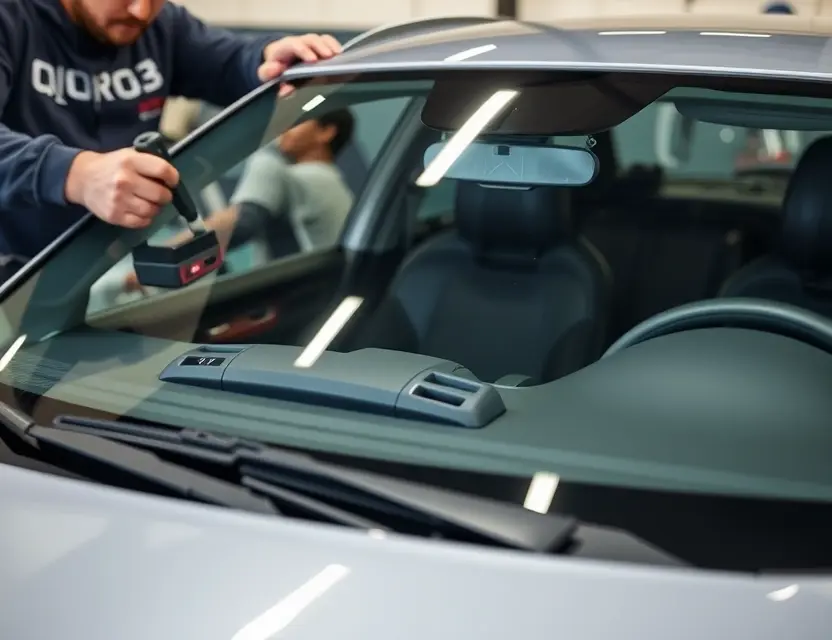 A close-up shot of a Qoros 3 car windshield being replaced by a mechanic. The focus is on the replacement process, showing tools and the new windshield. The car is parked in a garage or workshop setting.