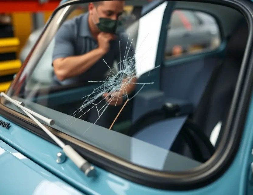 A close-up shot of an Autobianchi Bianchin car with a cracked windshield, showing the process of a windshield replacement. Focus on the mechanic working on the glass, tools, and the car's exterior.