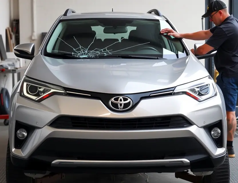 A Toyota RAV4 with a cracked windshield being replaced by a technician. The vehicle is parked on a service lift in a garage. Focus on the replacement process and the technician's tools.
