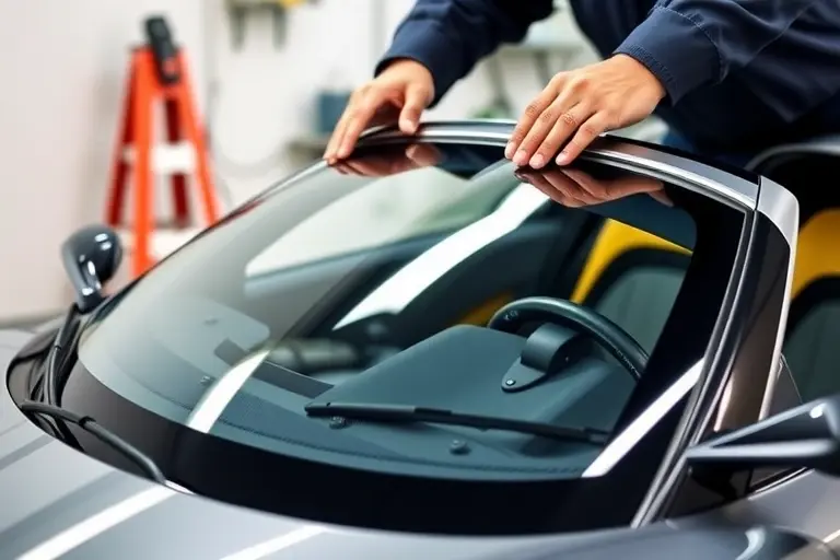 A detailed close-up of a mechanic replacing the windshield of a 2005 Pagani Zonda F 7.3 V12 AMG 602 hp, showing the car's distinctive design, the new glass panel, and the tools used, in a clean workshop setting.