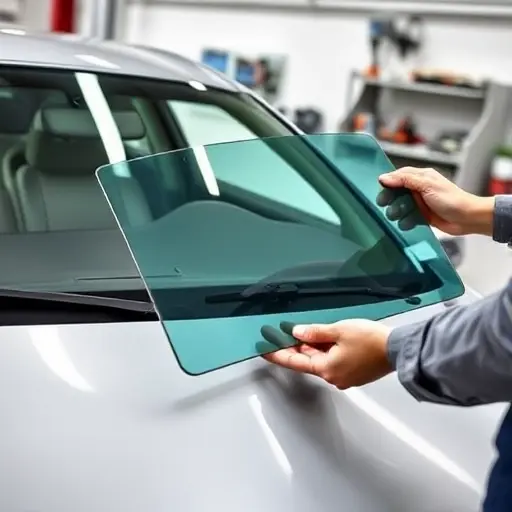 A detailed close-up of a BMW 5er E39 2.0 L 150 hp (1995-2003) windshield replacement in progress, showing the car's front side with the windshield removed, a mechanic's hands holding a new glass panel, tools and a protective film, with a clean, well-lit workshop background.