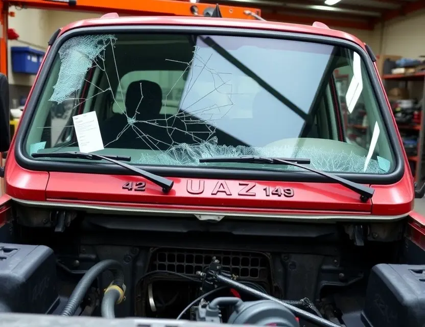 A UAZ Pickup truck with a cracked windshield undergoing windshield replacement. The truck is parked on a service bay with tools and equipment visible. Focus on the replacement process, showing the new windshield being installed.