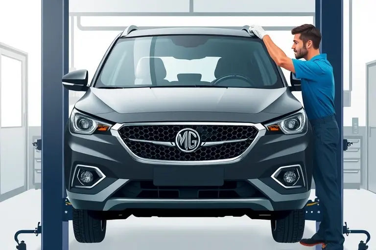 A realistic illustration of a mechanic replacing the windshield on an MG HS PHEV 1.5T. The car is on a lift in a clean workshop, the old windshield is removed and a new clear glass panel is being fitted. The mechanic’s hands, safety gloves, and tools are visible. The focus is on the windshield replacement process with proper lighting and a clear view of the vehicle’s front.