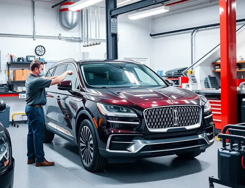 Замена лобового стекла Lincoln Aviator A professional auto repair scene showing the replacement of a Lincoln Aviator's windshield. The image should include a technician in a clean, well-lit garage, carefully removing the old windshield and preparing to install a new one. The Lincoln Aviator should be prominently featured with its hood open, and various tools and equipment should be visible around the technician. The scene should convey precision and professionalism.