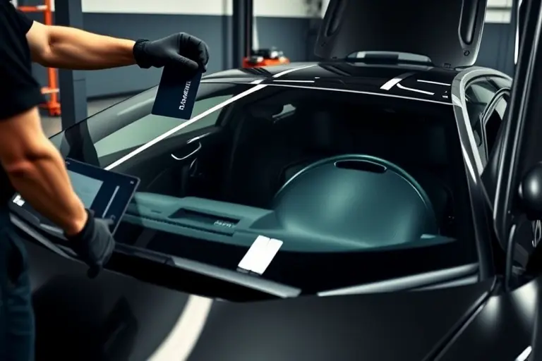 A close-up of a skilled mechanic in a garage, carefully removing the old windshield from a Lamborghini Aventador, with the new windshield being installed. The scene shows the car's sleek black exterior, the mechanic's gloves, a set of specialized tools, and a partially opened hood. The focus is on the windshield area, with the car's signature scissor doors slightly ajar. The lighting is dramatic, highlighting the glossy finish of the new glass and the metallic body. The background is a clean, modern automotive workshop with subtle shadows.