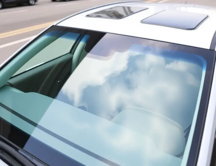 A modern car with a replaced windshield, showcasing the new glass. The car is parked on a clean, bright street. Focus on the clarity and quality of the replacement windshield.