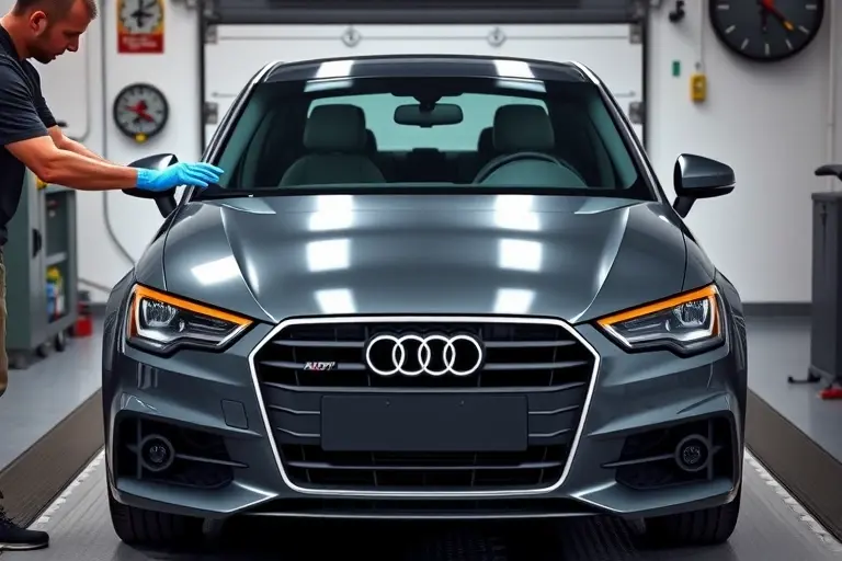 A detailed, realistic scene of an Audi A1 (2015-2018 model) parked in a workshop with its front windshield being professionally removed and replaced. The car is centered, showing the open windshield frame, a technician's gloved hands holding a new windshield, and automotive tools like suction cups and a torque wrench nearby. The background includes a clean garage environment with subtle lighting, emphasizing the precision of the replacement process.