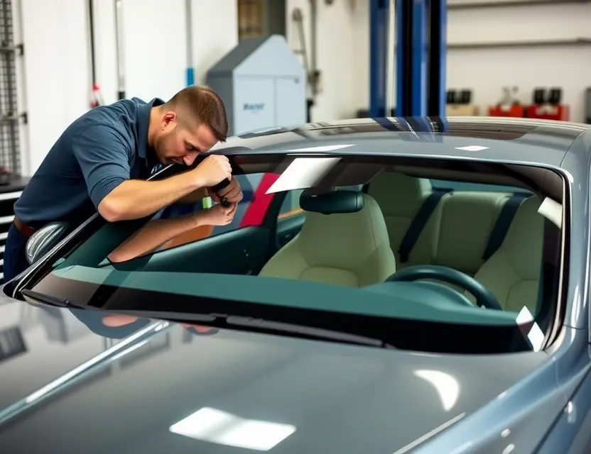 A high-quality image depicting the replacement of the windshield on a Bentley S3. The scene should show a mechanic working on the car, with the old windshield being removed and the new one being installed. The Bentley S3 should be clearly visible, showcasing its luxurious design. Focus on the technical aspects of the windshield replacement process.