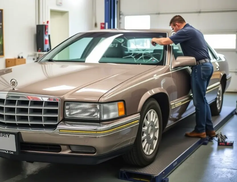 A Cadillac DeVille with a cracked windshield being replaced by a technician. The car is parked on a service lift in a garage. Focus on the replacement process and the technician's tools.