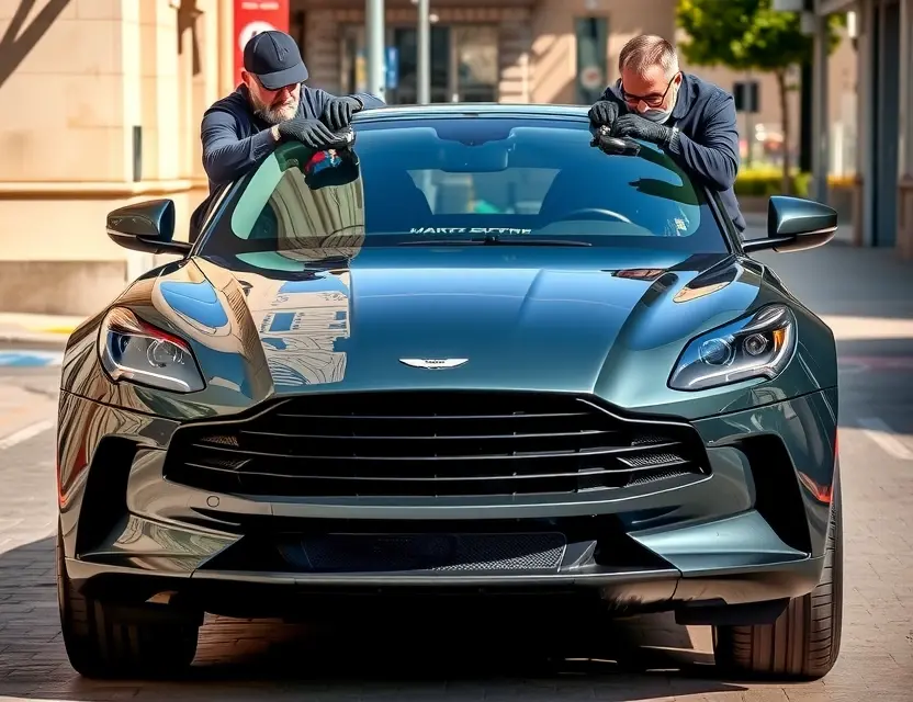 A high-quality image of an Aston Martin DBX SUV with a pristine front windshield replacement in progress, showing professional technicians carefully installing new glass, bright daylight, clean urban setting, detailed car exterior, realistic lighting and reflections