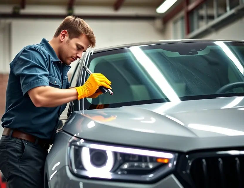 Замена лобового стекла Lynk & Co A professional mechanic replacing the windshield of a Lynk & Co car in a well-lit garage. The mechanic is wearing safety gloves and using specialized tools. The car is positioned under good lighting, and the windshield is being carefully removed and replaced with a new one. The scene should show attention to detail and precision in the work.