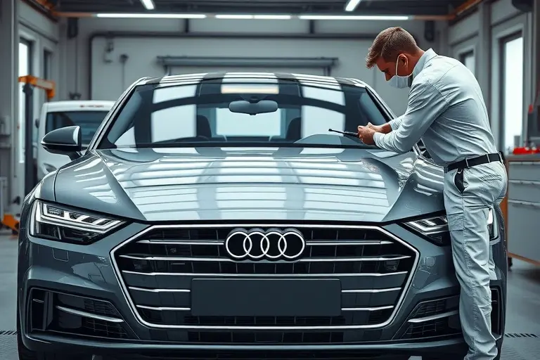 A realistic high-resolution scene of an Audi A8 (2017‑present) in a professional garage, showing the front of the car with the windshield partially removed and a technician in a clean uniform using specialized tools to replace the glass, focus on the car’s sleek design and the replacement process, bright natural lighting, detailed metal and glass textures