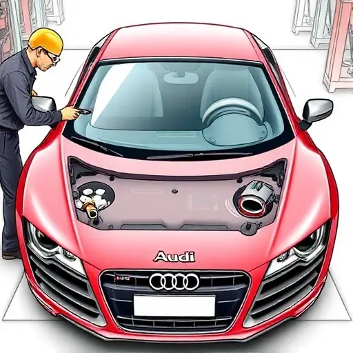 A detailed illustration of a mechanic replacing the front windshield of an Audi R8 4.2 FSI V8 420 hp (2006-2015), showing the car's aerodynamic shape, the new clear glass, and the tools used, with emphasis on the precision of the installation.