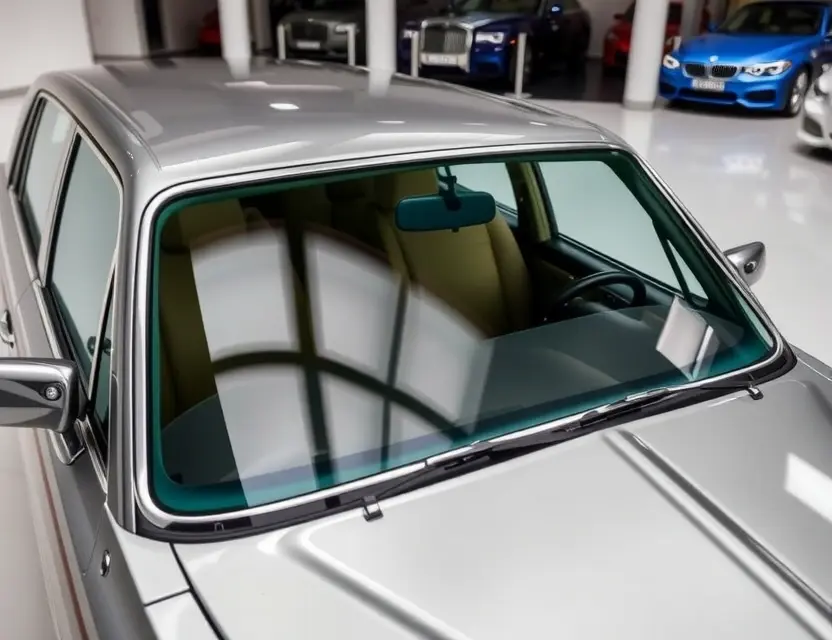 A Bentley Brooklands with a replaced windshield, showcasing the new glass. The car is parked on a clean, well-lit showroom floor. Focus on the clarity and quality of the replacement windshield.