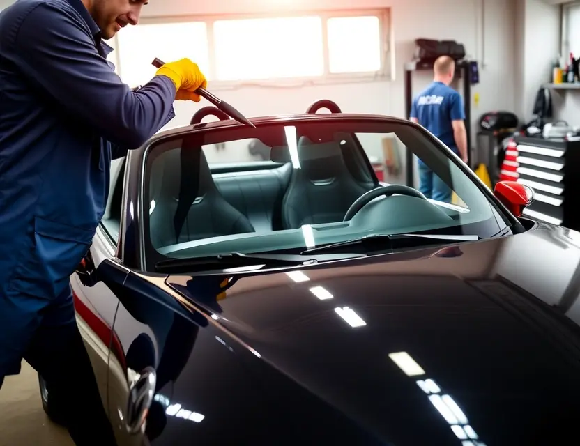 A detailed view of a professional mechanic replacing the windshield of a Mazda MX-5 sports car. The car should be in a well-lit garage with tools and equipment neatly arranged around. The mechanic should be wearing safety gloves and using specialized tools to carefully remove the old windshield and install the new one. The Mazda MX-5 should be clearly identifiable with its distinctive design and logo.