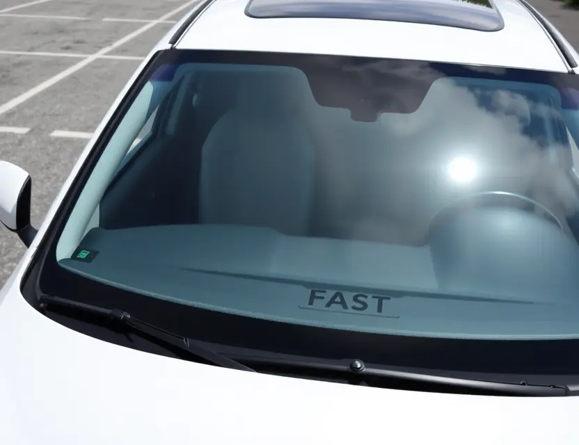 A modern car with a replaced windshield, showcasing the new glass. The car is parked on a clean, bright asphalt surface. Focus on the clarity and quality of the replacement windshield.