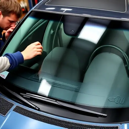 A detailed close-up of a BMW 3er E46 2.0 L 170 hp (2000-2005) windshield replacement process, showing a mechanic carefully removing the old glass and installing a new windshield, with the car's front side visible, tools and safety equipment, no text or logos