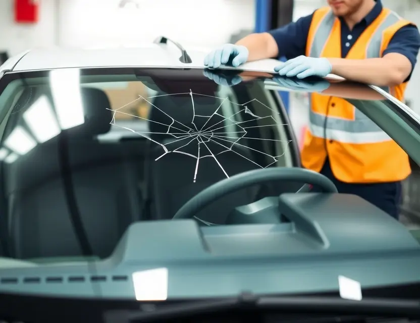 A Citroën C1 with a cracked windshield being replaced by a mechanic. The mechanic is wearing a safety vest and gloves. The replacement windshield is being installed. The background shows a garage or workshop setting.