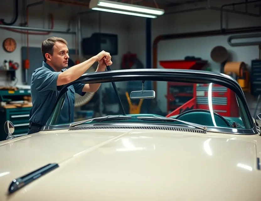 Замена лобового стекла Edsel Citation A detailed scene of a mechanic replacing the windshield of a vintage Edsel Citation car. The car should be in a well-lit garage with various automotive tools and equipment around. The mechanic is focused on carefully removing the old windshield and preparing to install the new one. The car's classic design and the mechanic's professional demeanor should be highlighted.