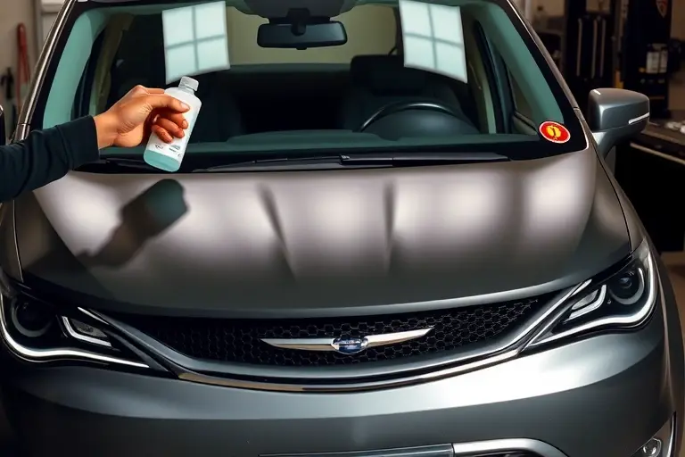 A realistic, high-resolution depiction of a mechanic performing a windshield replacement on a 2020 Chrysler Voyager. The scene shows the front of the vehicle with the old glass removed and the new windshield being installed. The mechanic’s hands are visible, using a suction cup and a windshield removal kit. Tools such as a cleaning solution bottle, a protective cover, and a small toolbox are present. The background is a garage setting with a workbench, a car lift, and subtle lighting that highlights the glass and metal surfaces. The focus is on the windshield replacement process, the car’s front fascia, and the tools involved.