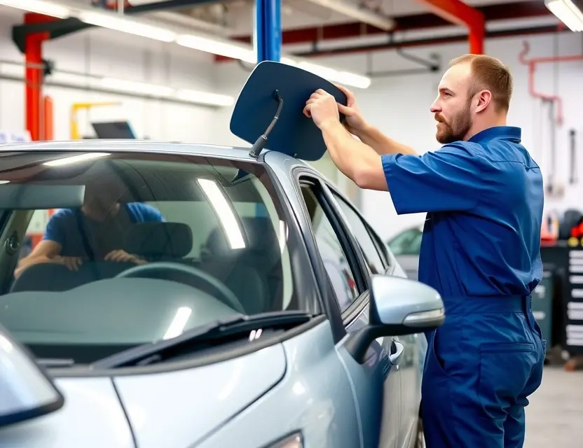 Замена лобового стекла Daewoo Espero A car mechanic replacing the windshield of a Daewoo Espero, showing tools and safety equipment, clean workshop background, professional atmosphere