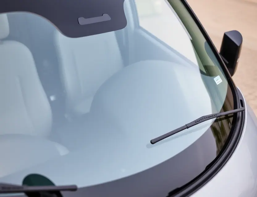 A close-up shot of a Foton Gratour V5 vehicle with a replaced windshield. The windshield should be clear and new, contrasting with the older, replaced windshield. The car should be parked on a clean, well-lit surface. Focus on the area where the old windshield was and the new one is installed.
