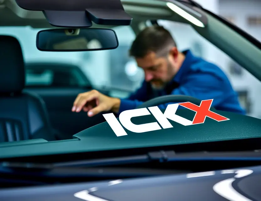 A high-quality image depicting a car windshield replacement service performed by ICKX. The image should showcase a technician working on a car windshield, with the ICKX logo prominently displayed on the vehicle or in the background. Focus on the professionalism and expertise of the service.