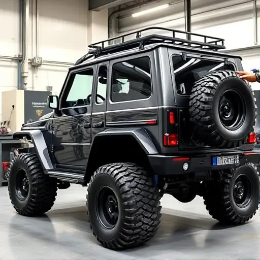 A Brabus Crawler off‑road vehicle with a V8 biturbo engine, shown from the side in a workshop as a new windshield is being installed, focusing on the sleek vehicle body and the glass replacement, with a clean mechanical background and no people