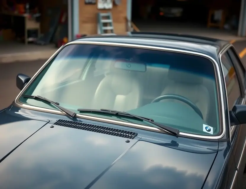 A high-quality image depicting a BMW M5 (E28) with a replaced windshield. The windshield should be clear and modern, contrasting with the older, original windshield. The car should be parked outdoors, possibly on a slightly angled surface, with a blurred background suggesting a garage or repair shop. Focus on the details of the replacement and the car's overall condition.