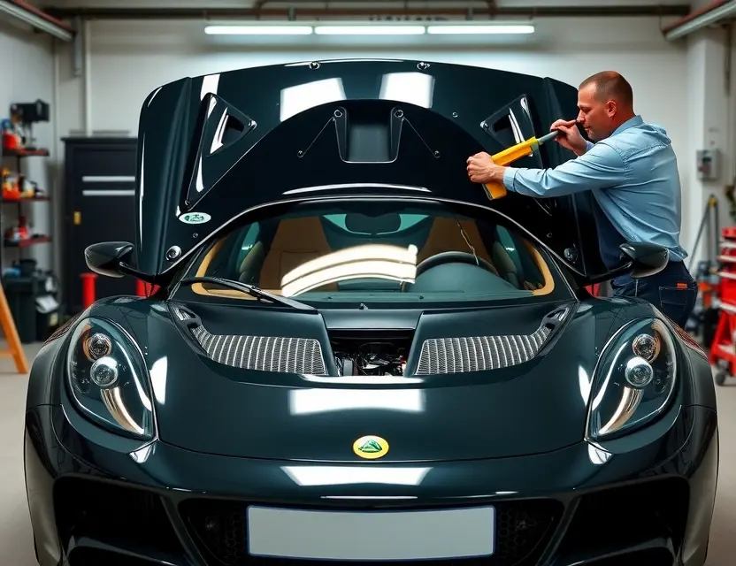 Замена лобового стекла Lotus Eletre A professional mechanic replacing the windshield of a Lotus Eletre, showing the car from the front with the hood open, the old windshield removed, and the new windshield being carefully installed with precision tools. The scene should include a well-lit garage with appropriate safety equipment and the mechanic wearing protective gear.