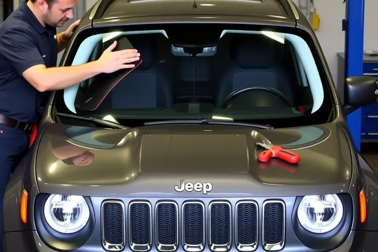 A mechanic replacing the windshield on a Jeep Renegade 1.3 Turbo, showing the car's front, the new windshield, tools, and the replacement process