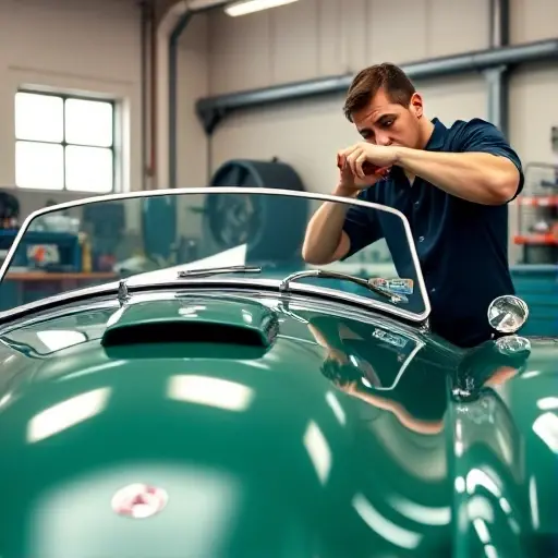A detailed close-up of a mechanic replacing the windshield on a classic AC Cobra MkIV, showing the car's iconic long hood, chrome grille, and vintage British racing green paint, with tools like suction cups and urethane sealant visible, set in a professional auto glass repair shop with soft natural lighting from overhead windows, no text or logos present