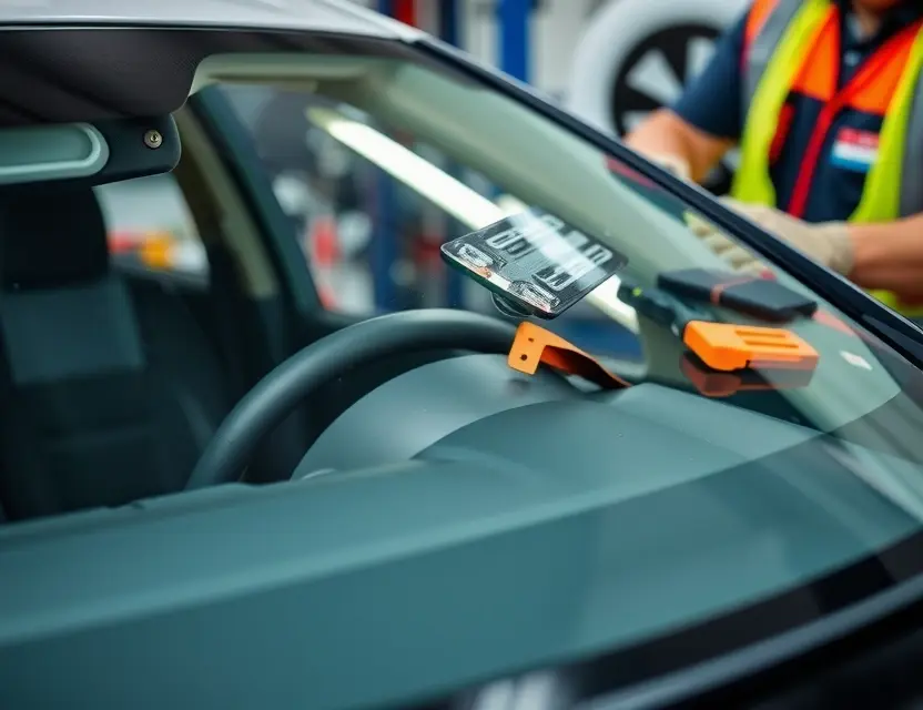 A close-up shot of a BAIC BJ90 car windshield being replaced by a mechanic. The mechanic is wearing gloves and a safety vest. The windshield replacement process is visible, with tools and parts scattered around. Focus on the details of the replacement process and the car's windshield.