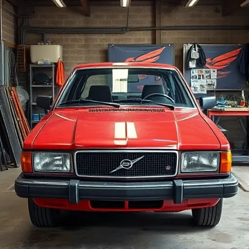 A mechanic in a garage replacing the windshield of an Austin Montego 1.6 L R4 85 hp from the 1980s, showing the car's front, the old windshield removed, the new windshield being installed, tools, safety glass, and a workbench