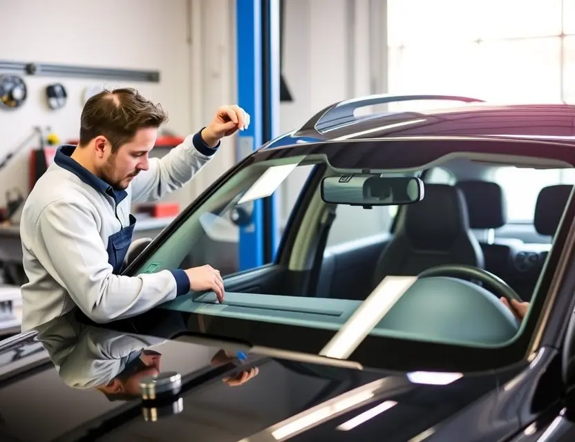 A professional mechanic replacing the windshield of a Geely Atlas Pro car. The scene should show the mechanic carefully removing the old windshield and preparing to install a new one. The car should be in a well-lit garage or service center with appropriate tools and equipment around.