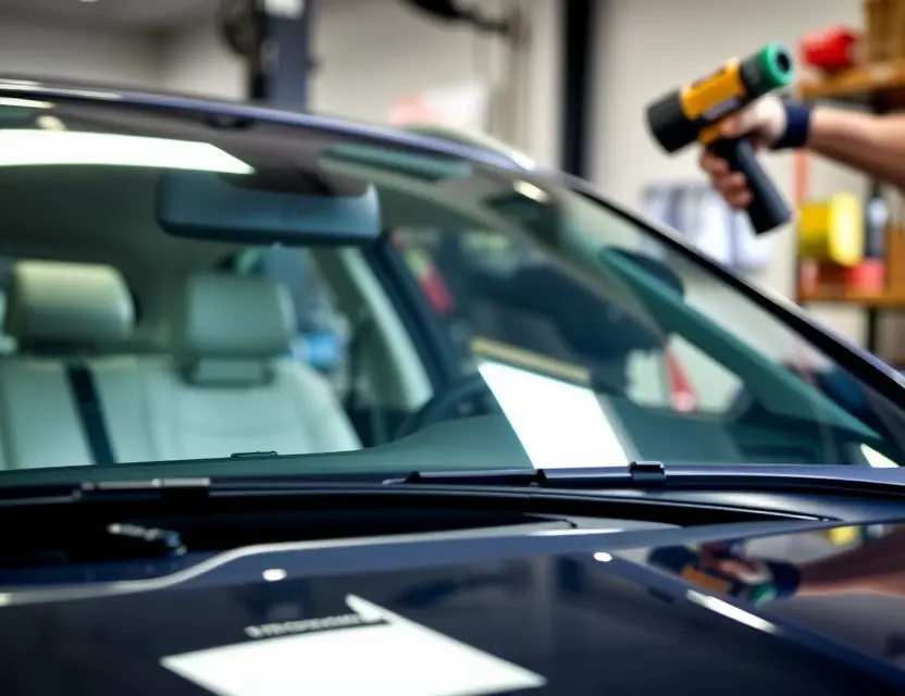 A close-up shot of a BAIC X55 car windshield being replaced by a mechanic. The focus is on the replacement process, showing tools and the new windshield. The background should be a garage setting.