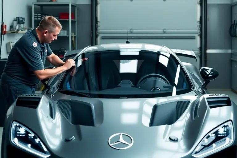 A skilled mechanic in a garage is replacing the windshield of a 2023 Mercedes M Hero 917 electric car with 1088 hp, showing the car's front, the new windshield, and tools in a realistic, detailed setting
