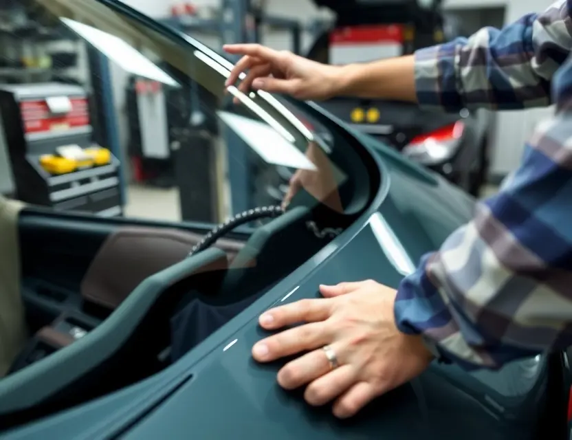 A close-up shot of a windshield being replaced by a technician in a garage. The focus is on the technician's hands and the new windshield being installed. The background shows a car and garage tools.