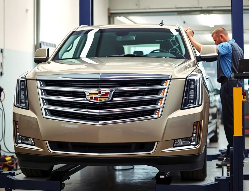 Предлагаем услугу по замене лобового стекла Cadillac Escalade A Cadillac Escalade with a cracked windshield being replaced by a technician. The vehicle is parked on a professional auto repair shop lift. Focus on the replacement process and the technician's tools.