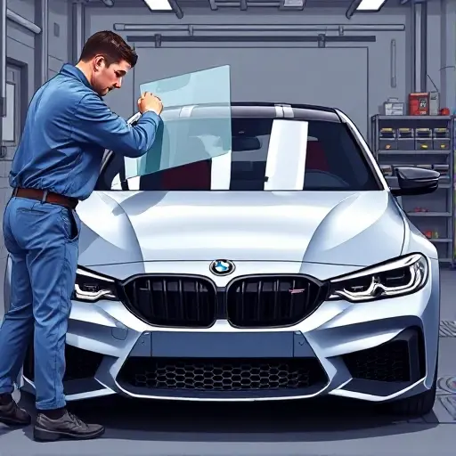 A detailed, high-quality illustration of a BMW M3 G80 (2020–present) with a new windshield installed. The scene shows a modern automotive repair shop with a mechanic in a blue coverall carefully fitting a clear, tempered glass windshield onto the car’s front. The car’s sleek lines and distinctive M3 front fascia are visible, and the background includes subtle workshop tools and a workbench, all rendered in a realistic, polished style.
