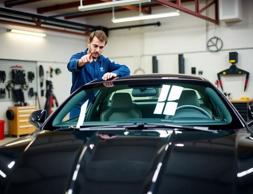 A professional mechanic replacing the windshield of a Maserati GranTurismo in a well-lit garage. The car should be in the center of the image, with the mechanic working carefully on the windshield. The garage should have various tools and equipment in the background, indicating a professional setting.