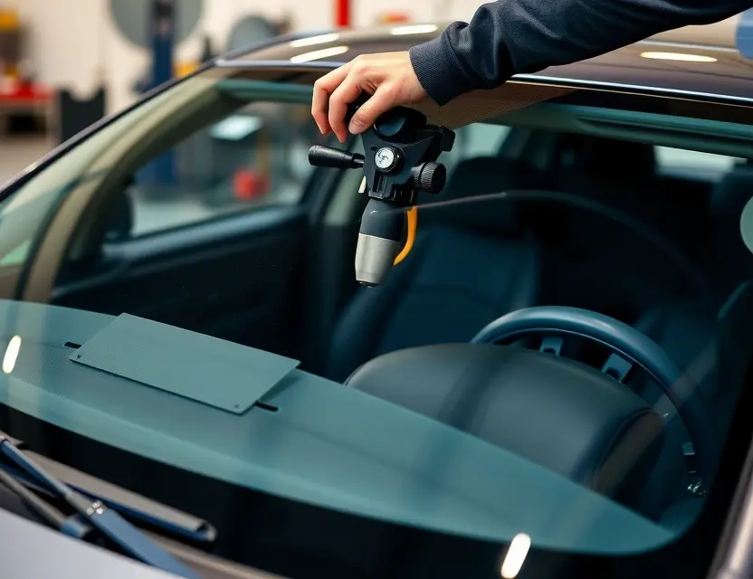 A close-up shot of a car windshield being replaced by a technician. The windshield is being removed with specialized tools, and a new Brennabor Typ B windshield is being installed. The car is a modern sedan, and the background is a workshop setting with automotive equipment. Focus on the hands of the technician and the replacement windshield.