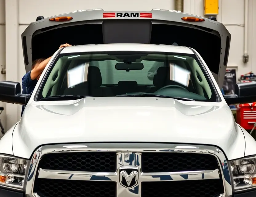 A Dodge Ram 1500 truck with a new windshield being installed by a professional technician in a well-lit auto repair shop, showing the replacement process with tools and equipment nearby, no people in the foreground, clean and detailed focus on the windshield and vehicle frame