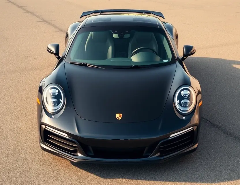 A high-quality image depicting a Porsche 911 Turbo S with a replaced windshield. The car is parked on a clean, well-lit asphalt surface. The replaced windshield is seamlessly integrated with the original, showing a clear, modern windshield. Focus on the details of the replacement process and the quality of the repair.