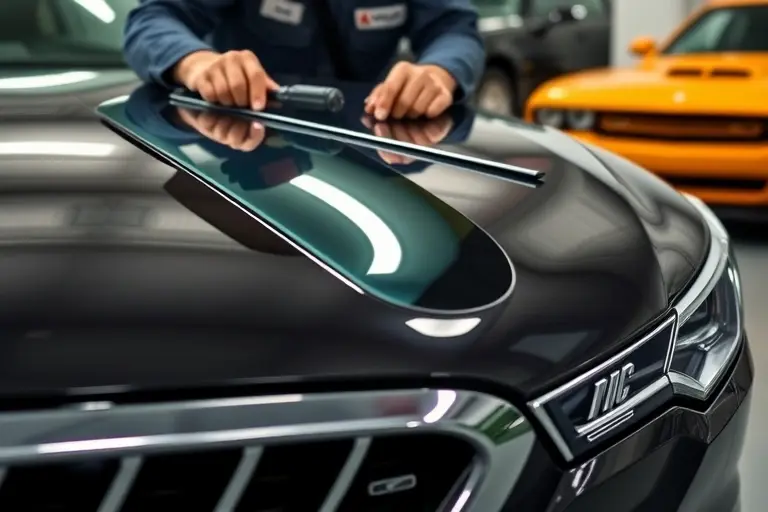 A detailed close-up of a mechanic replacing the windshield of a Magna Steyr Mila Plus hybrid 3.0 V6, showing the car's sleek front fascia, the new glass panel, and the tools used, with a focus on precision and automotive craftsmanship.