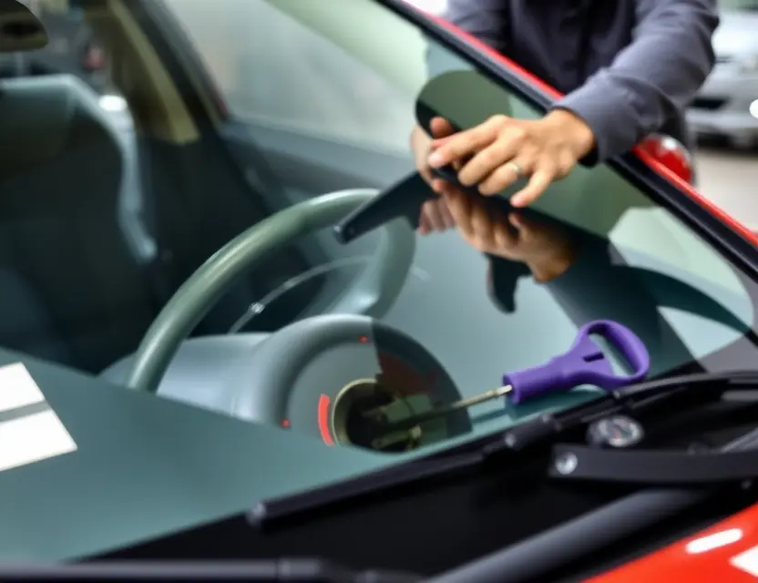 A close-up shot of a car windshield being replaced by a technician. The windshield replacement process should be clearly visible, showing the tools and the technician's hands working on the glass. The car should be a Changhe Ideal model. Focus on the technical aspect of the replacement.
