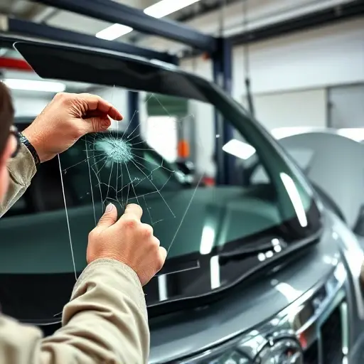 A mechanic in a garage is replacing the windshield of a Nissan SR20V (Autobacs Seven Garaiya 2.0 L). The image shows the car on a lift, the old cracked windshield being removed, the new clear glass being fitted, and tools such as a suction cup, a glass cutter, and a sealant dispenser. The setting is a well-lit automotive repair shop with a workbench and a car hood open. The focus is on the hands, the glass, and the car’s front profile, capturing the precision and care of the replacement process.
